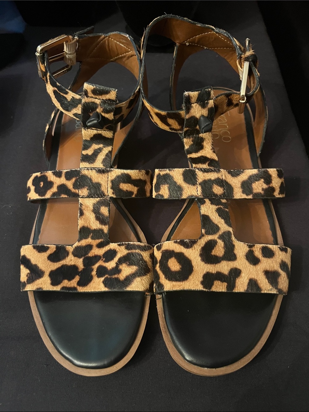Franco Sarto Sandals Faux Leopard Fur Strappy Ankle Buckle
